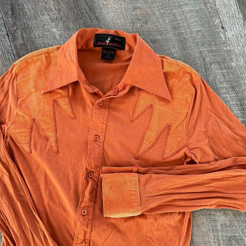 Vintage 70s Circus Maximus Forum Shirt L Orange Corduroy Yoke French Cuff Disco